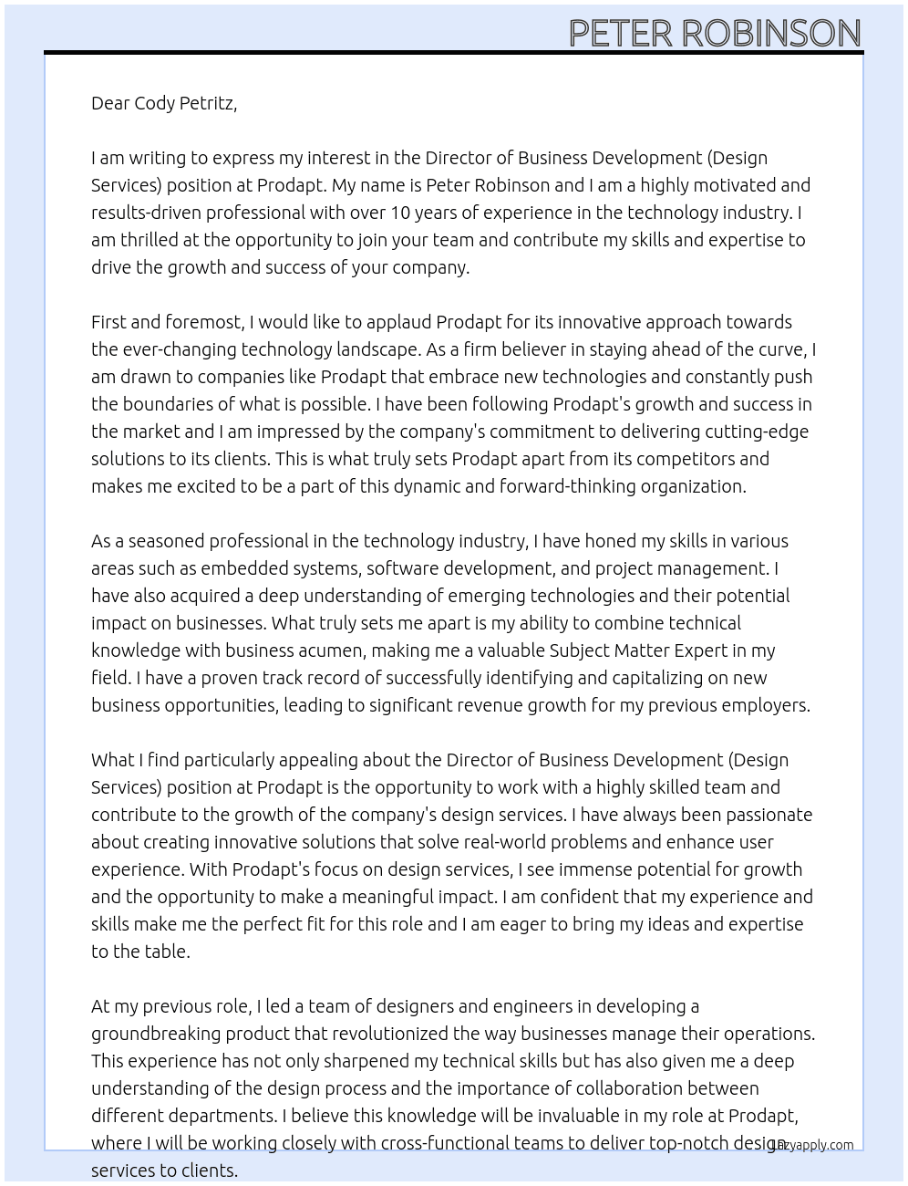 Director of Business Development (Design Services) At Prodapt Cover Letter