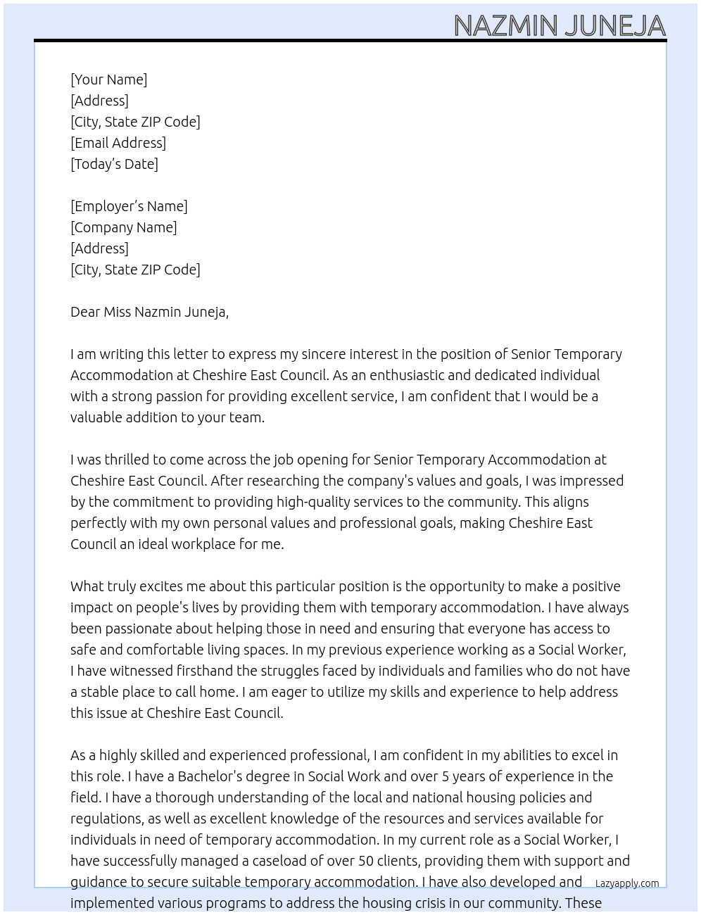 senior temporary accommodation At Cheshire east council Cover Letter