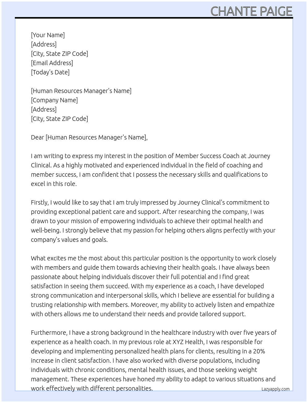 member success coach  At Journey clinical  Cover Letter