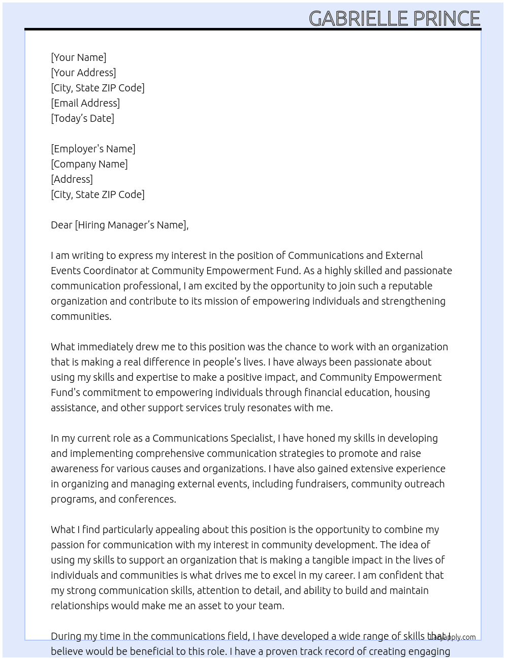 Communications and External Events Coordinator At Community Empowerment Fund Cover Letter
