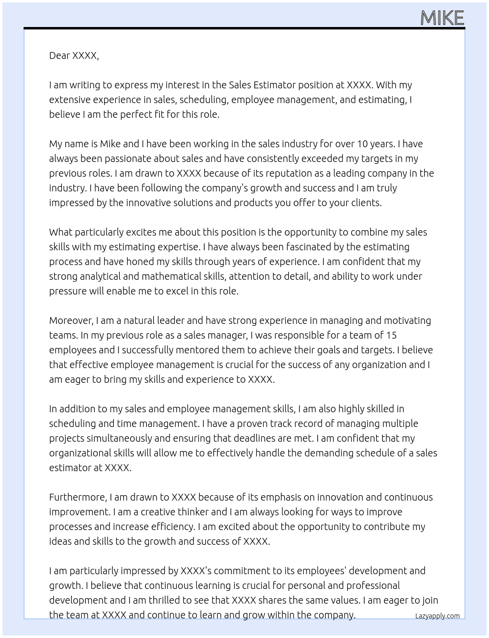 Sales, Estimator At XXXX Cover Letter