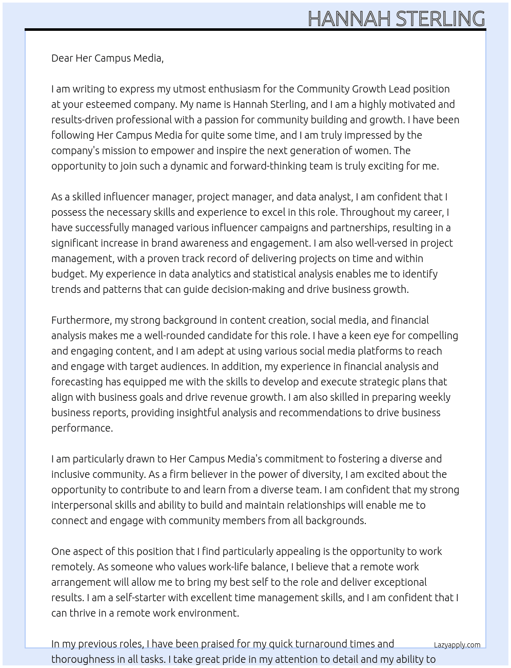 Community Growth Lead At Her Campus Media Cover Letter