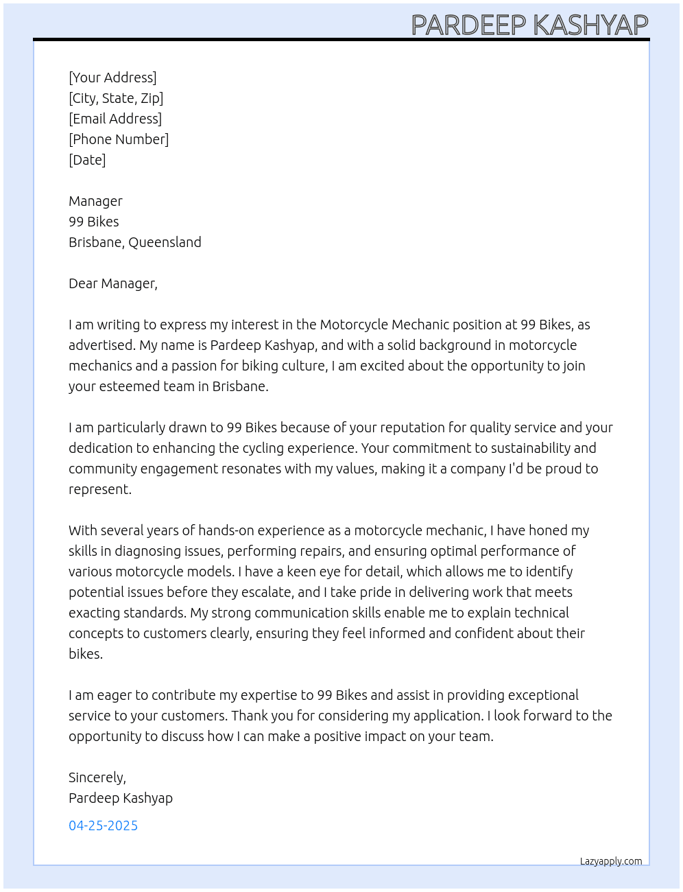 Motorcycle Mechanic At 99 Bikes - Queensland Cover Letter