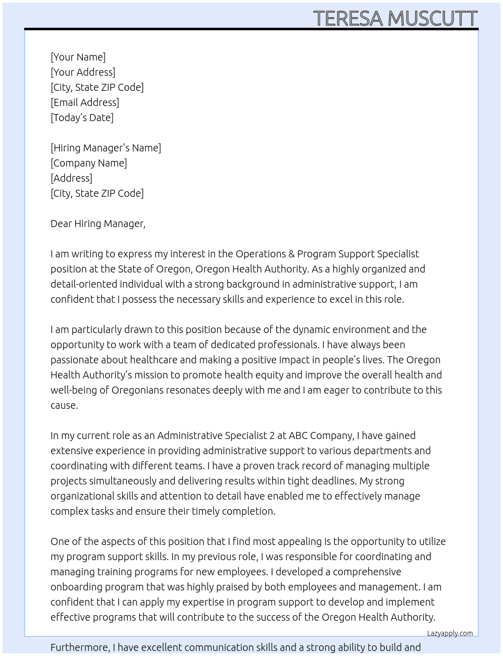 Operations & Program Support Specialist - (Administrative Specialist 2) At State of Oregon, Oregon Health Authority Cover Letter