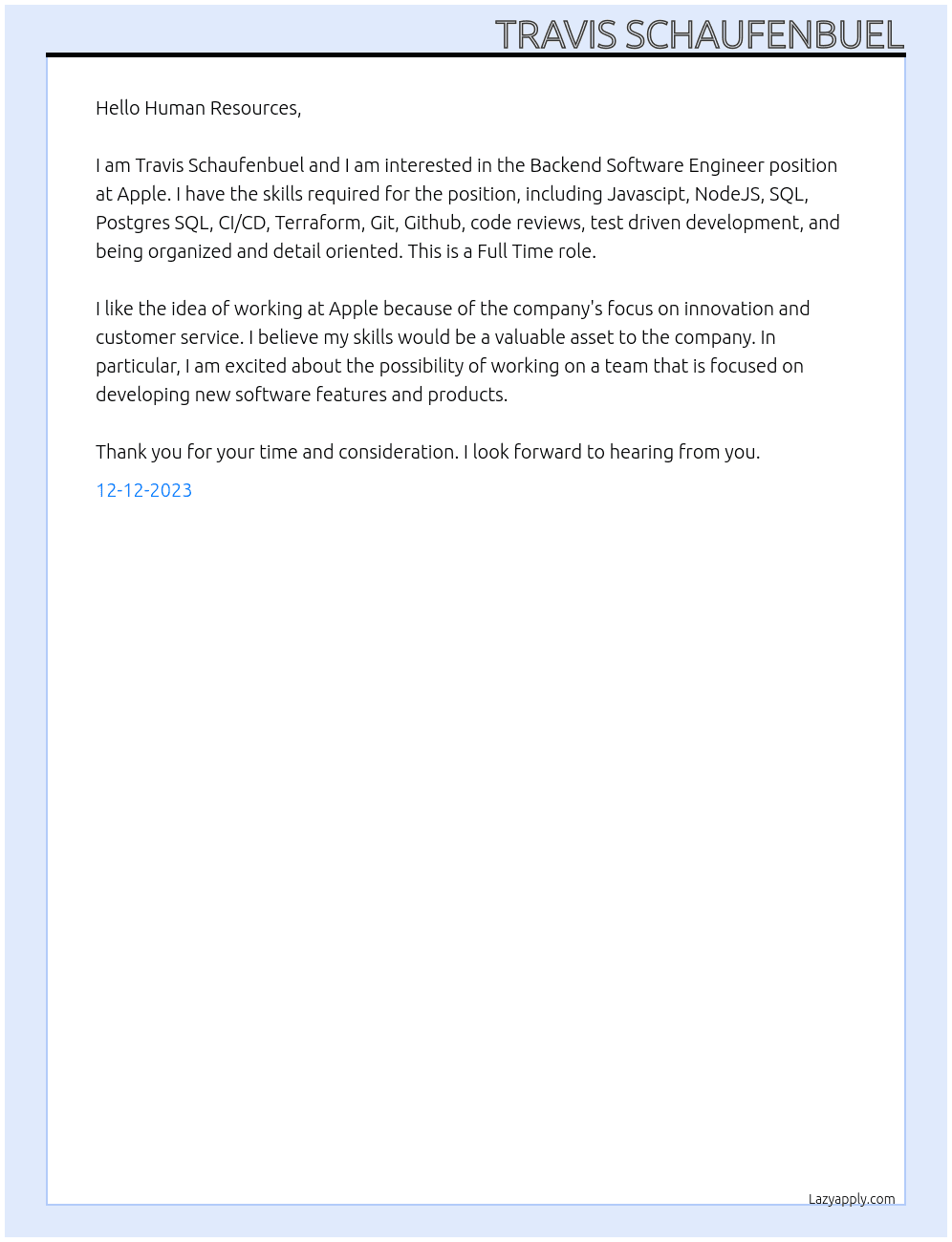 Backend Software Engineer At Apple Cover Letter