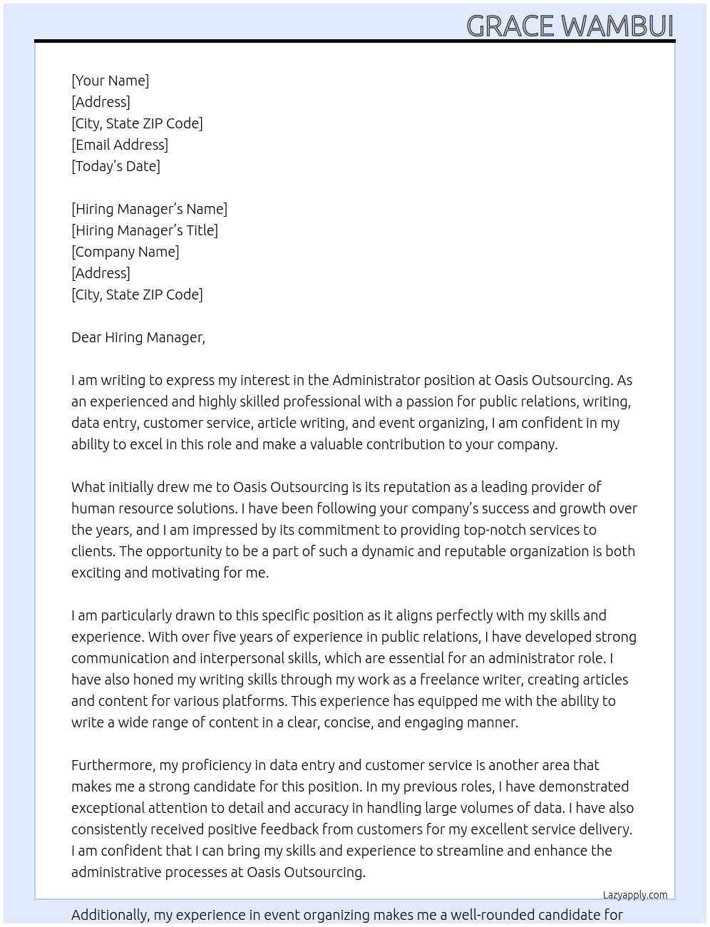 Administrator At Oasis Outsourcing Cover Letter