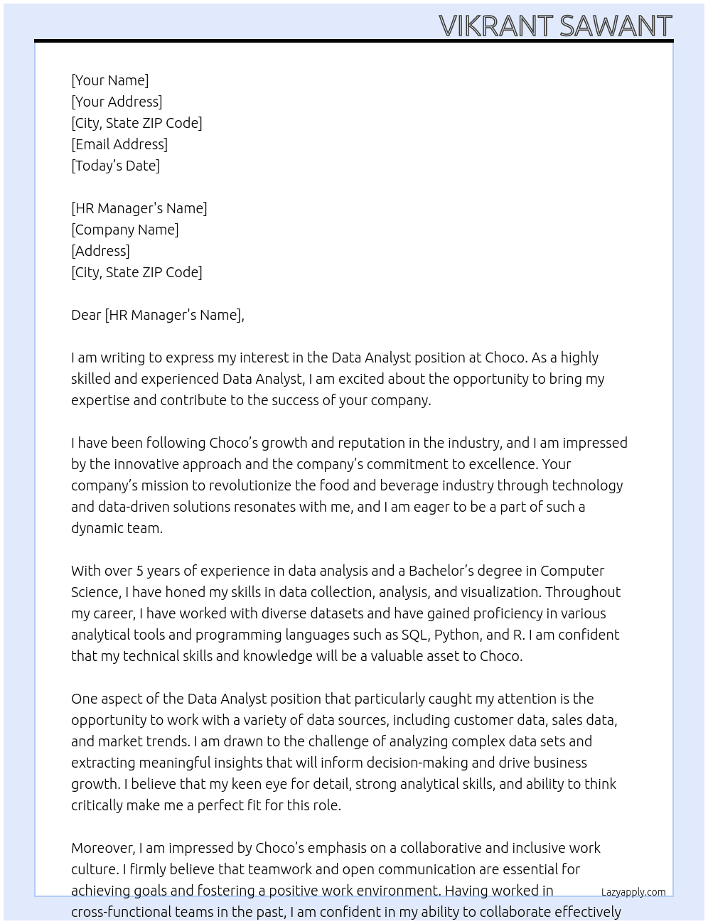 Data Analyst At Choco Cover Letter