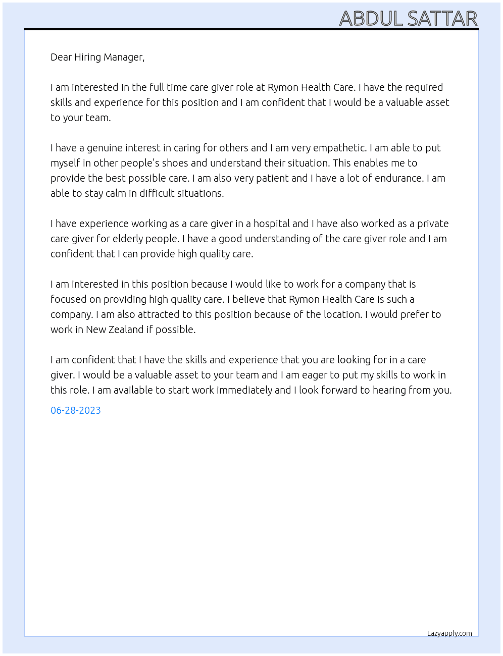 Care giver At rymon health care Cover Letter
