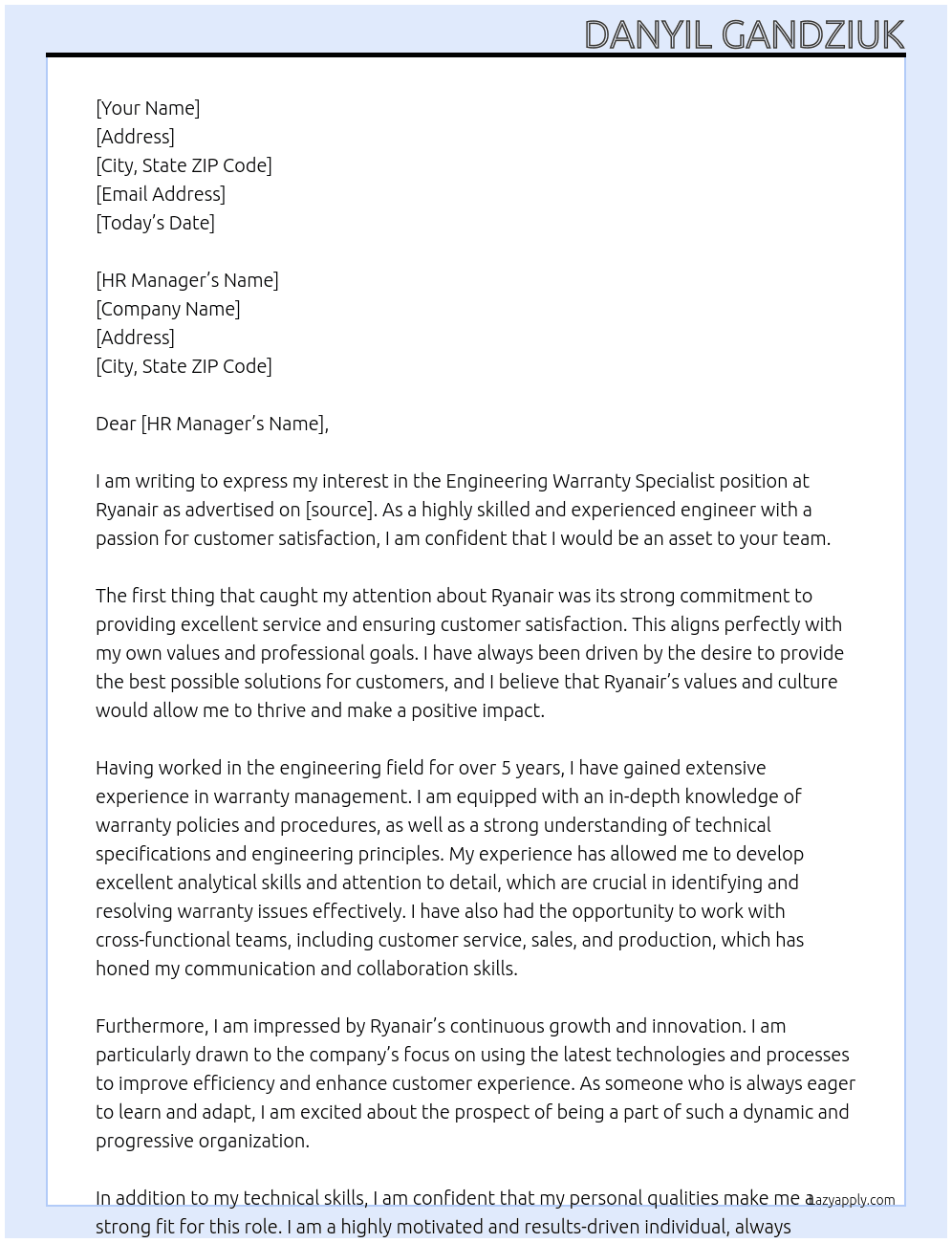 Engineering Warranty Specialist At Ryanair Cover Letter