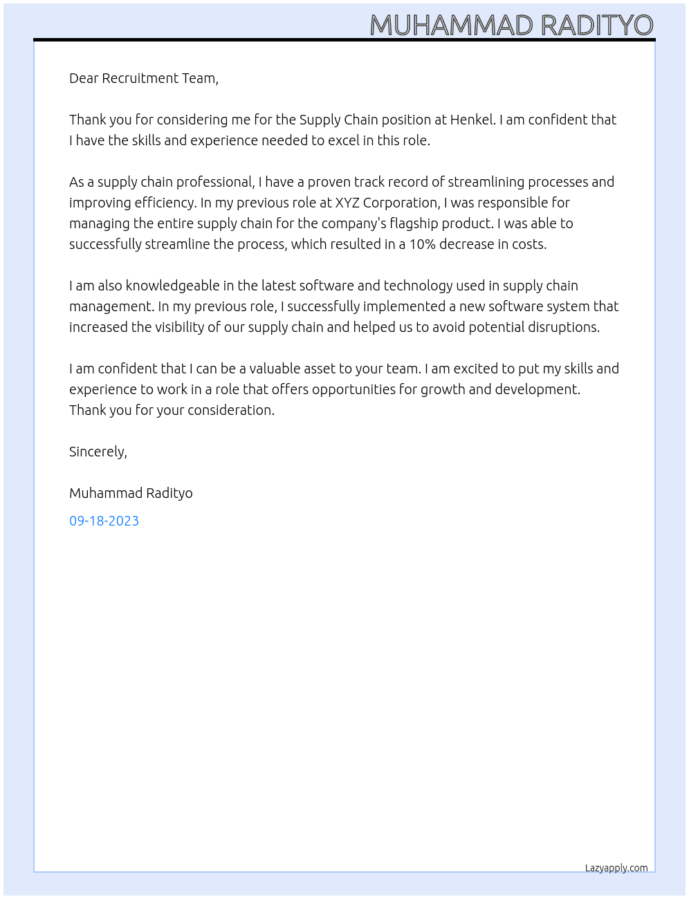 Supply chain  At Henkel Cover Letter