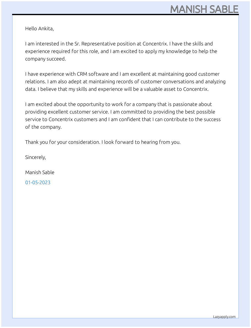 Cover letter for sr. representative - LazyApply