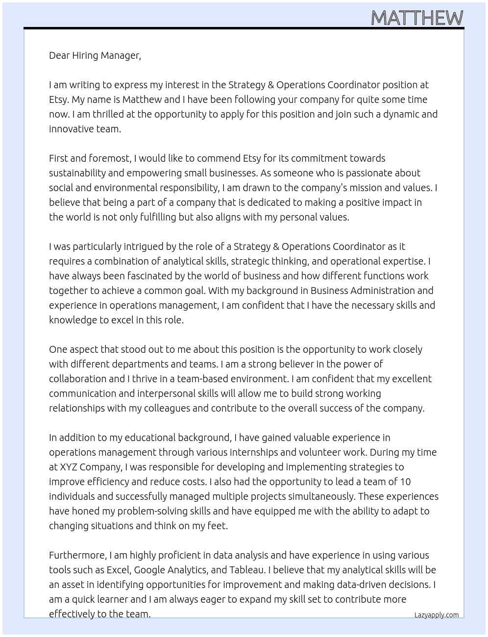 Strategy & Operations Coordinator At Etsy Cover Letter