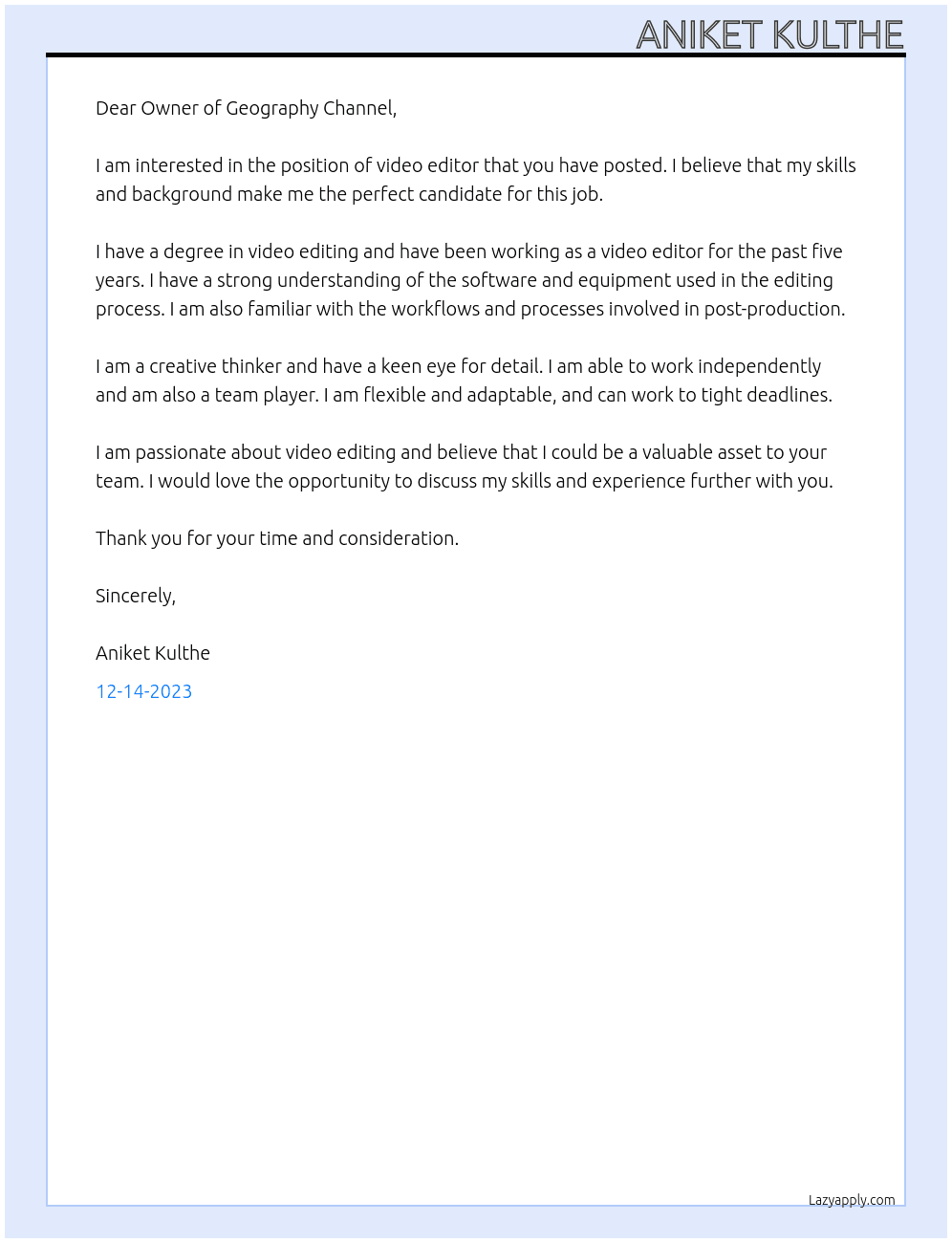Video editor At Geography Channel  Cover Letter
