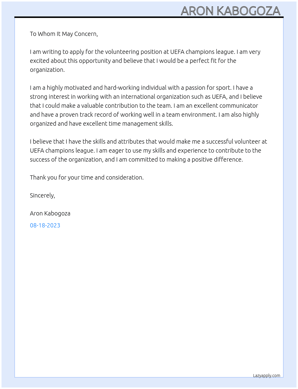Volunteering  At UEFA champions league  Cover Letter