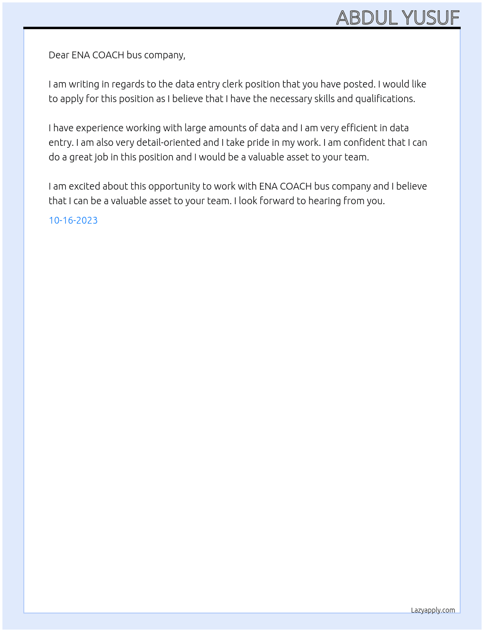 DATA ENTRY CLERK  At Abdul Yusuf Cover Letter