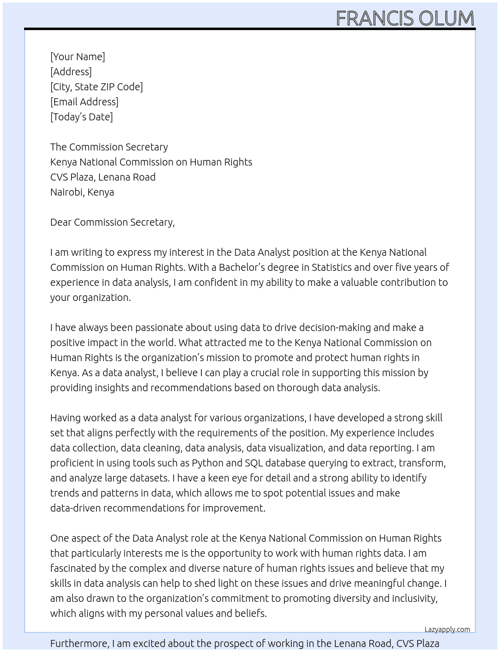 Data Analyst At Kenya National Commission on Human Rights Cover Letter