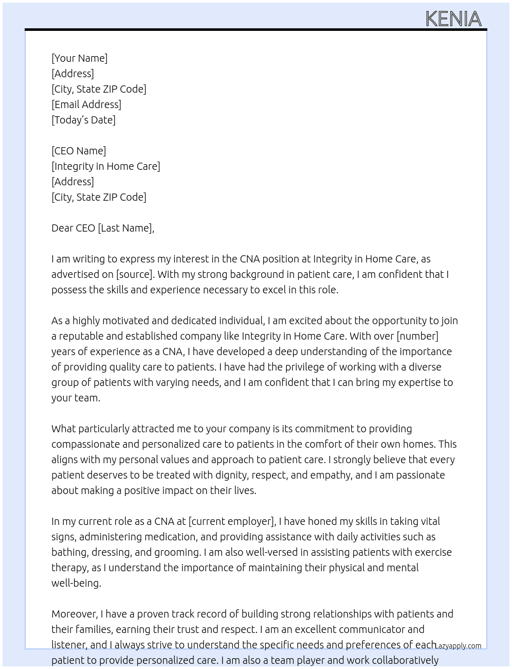 Cna  At Integrity in home care  Cover Letter