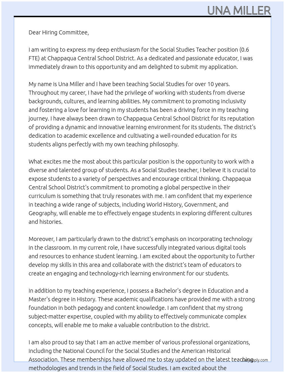 Social Studies Teacher (0.6 FTE) At Chappaqua Central School District Cover Letter