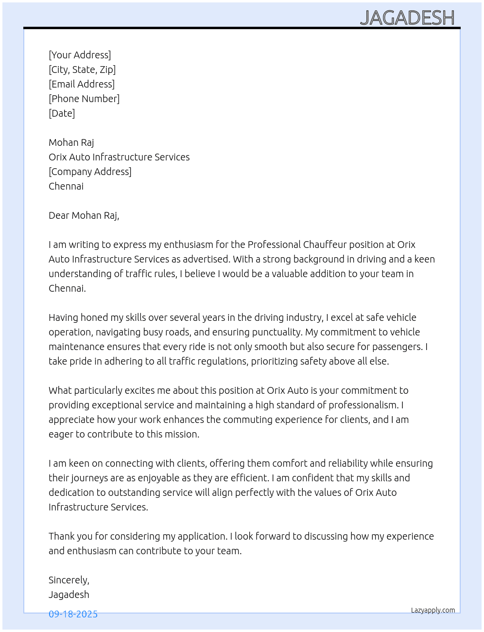 Cover letter for professional chauffeur - LazyApply