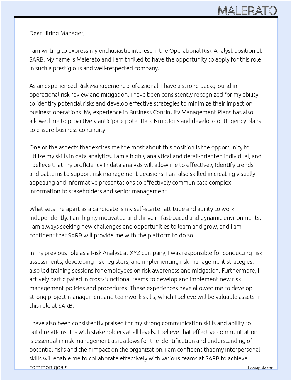 Operational Risk Analyst At SARB Cover Letter