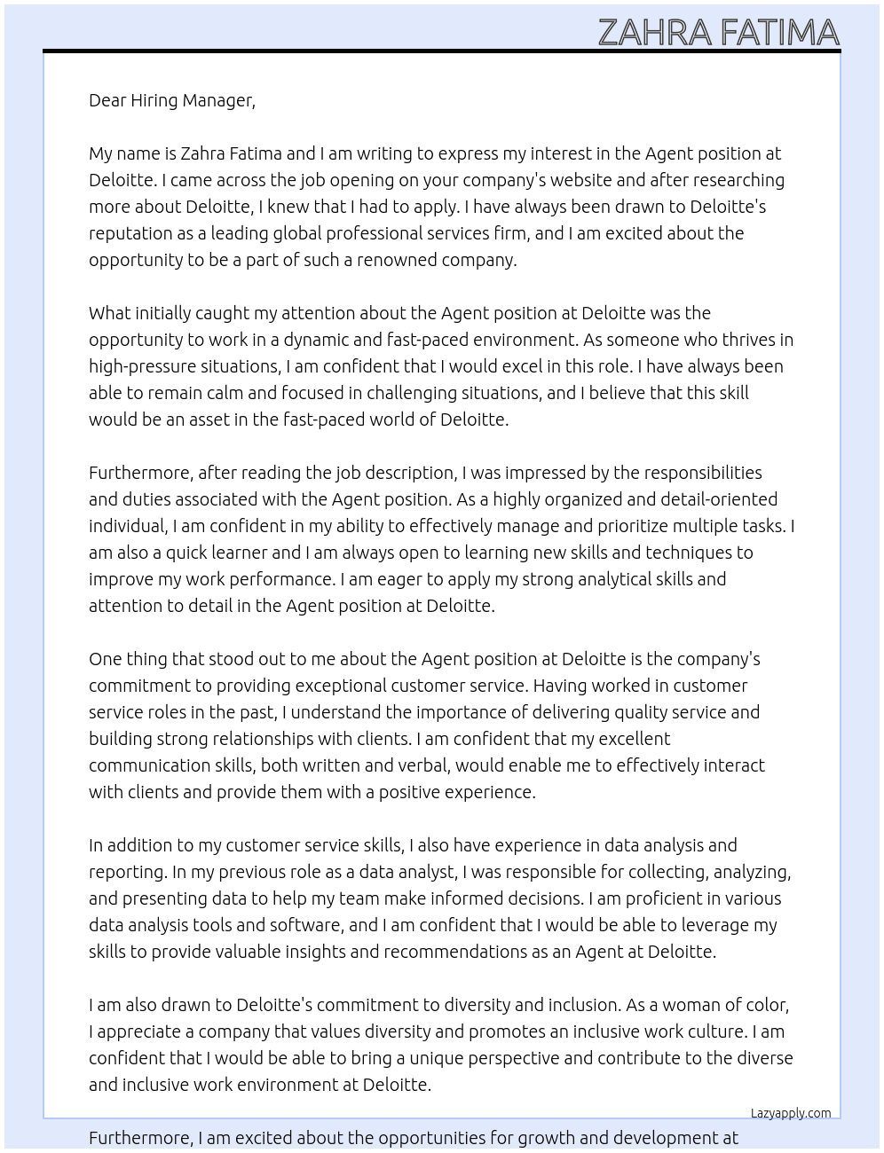agent At Deloitt Cover Letter