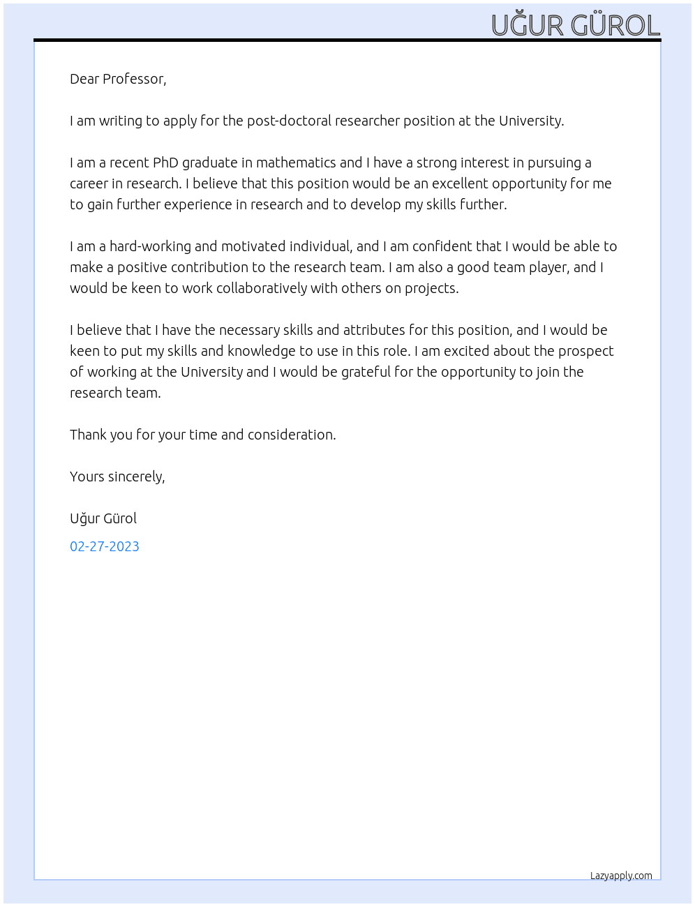 Post-doctoral researcher At University Cover Letter