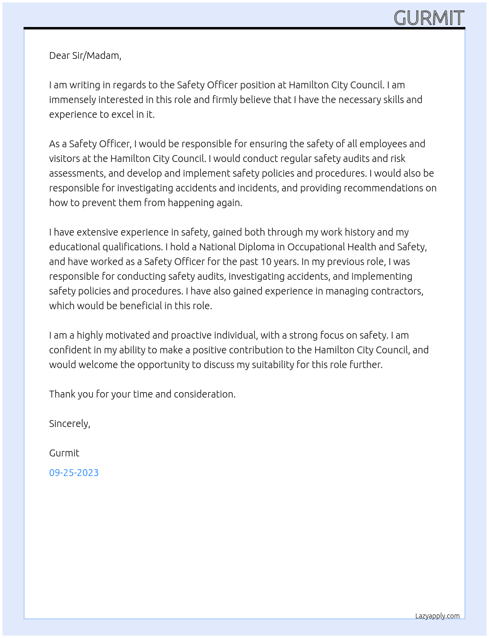 Safety Officer At Hamilton City Council Cover Letter