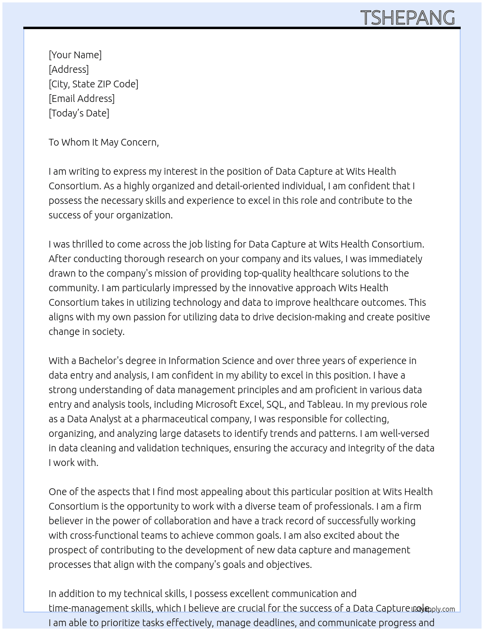 Data capture  At Wits Health Consortium  Cover Letter