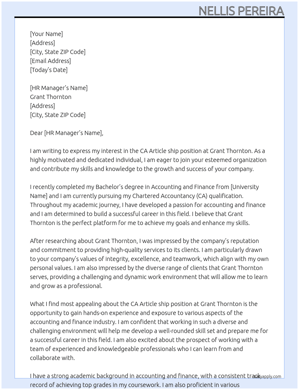CA ARTICLESHIP At Grant Thorton Cover Letter