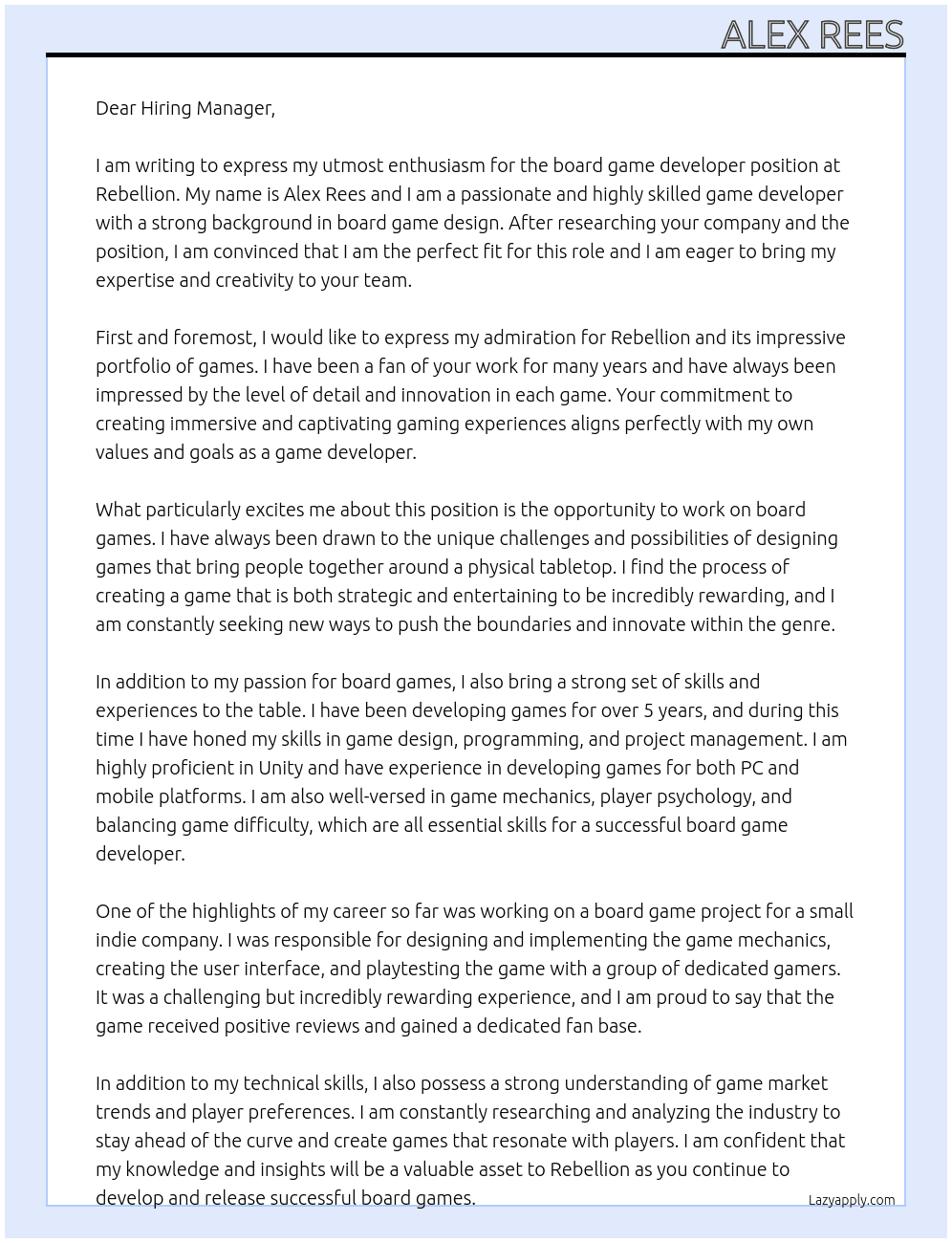 board game developer At Rebellion  Cover Letter
