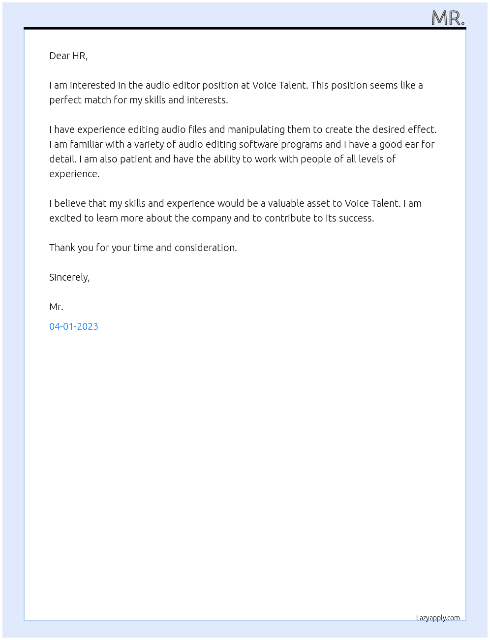 audio editor At voice talent Cover Letter