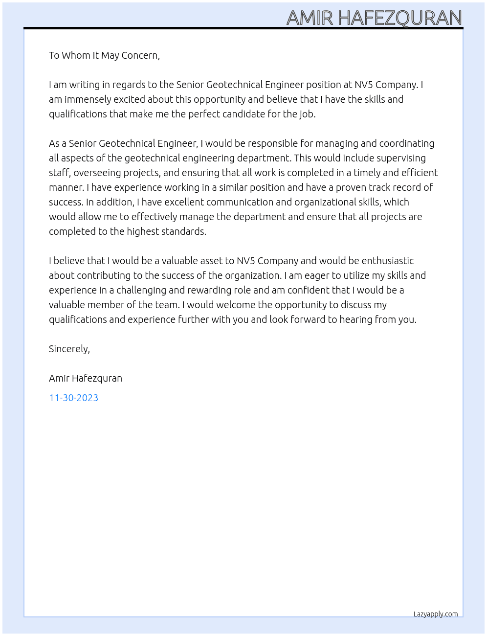 Senior Geotechnical Engineer At NV5 Company Cover Letter