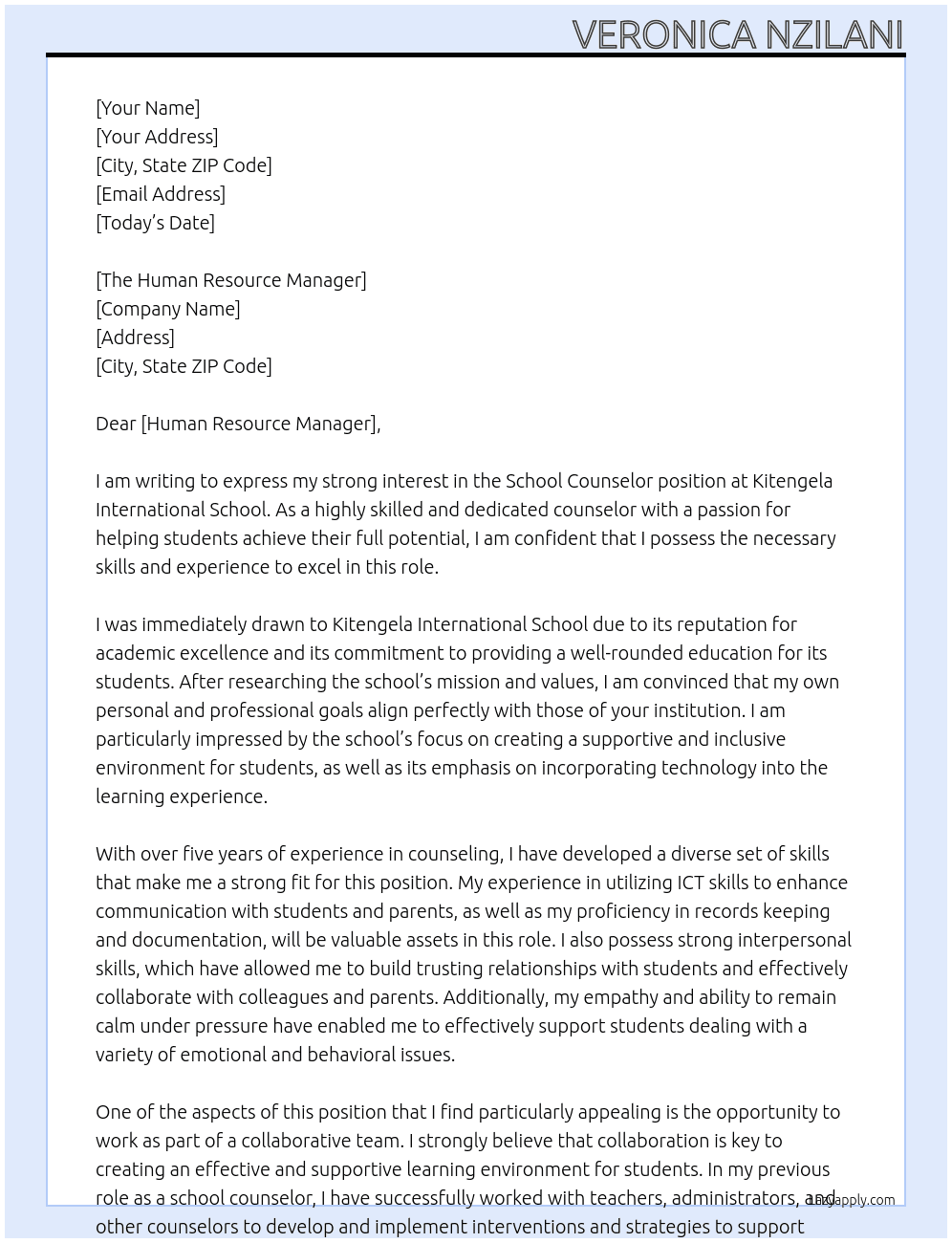 School Counselor At Kitengela International School Cover Letter