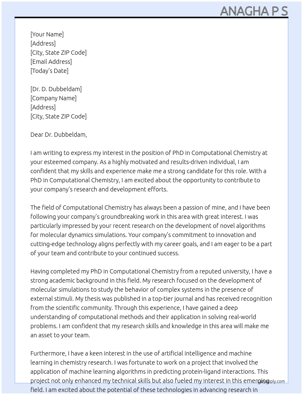 PhD in Computational Chemistry At PhD Cover Letter