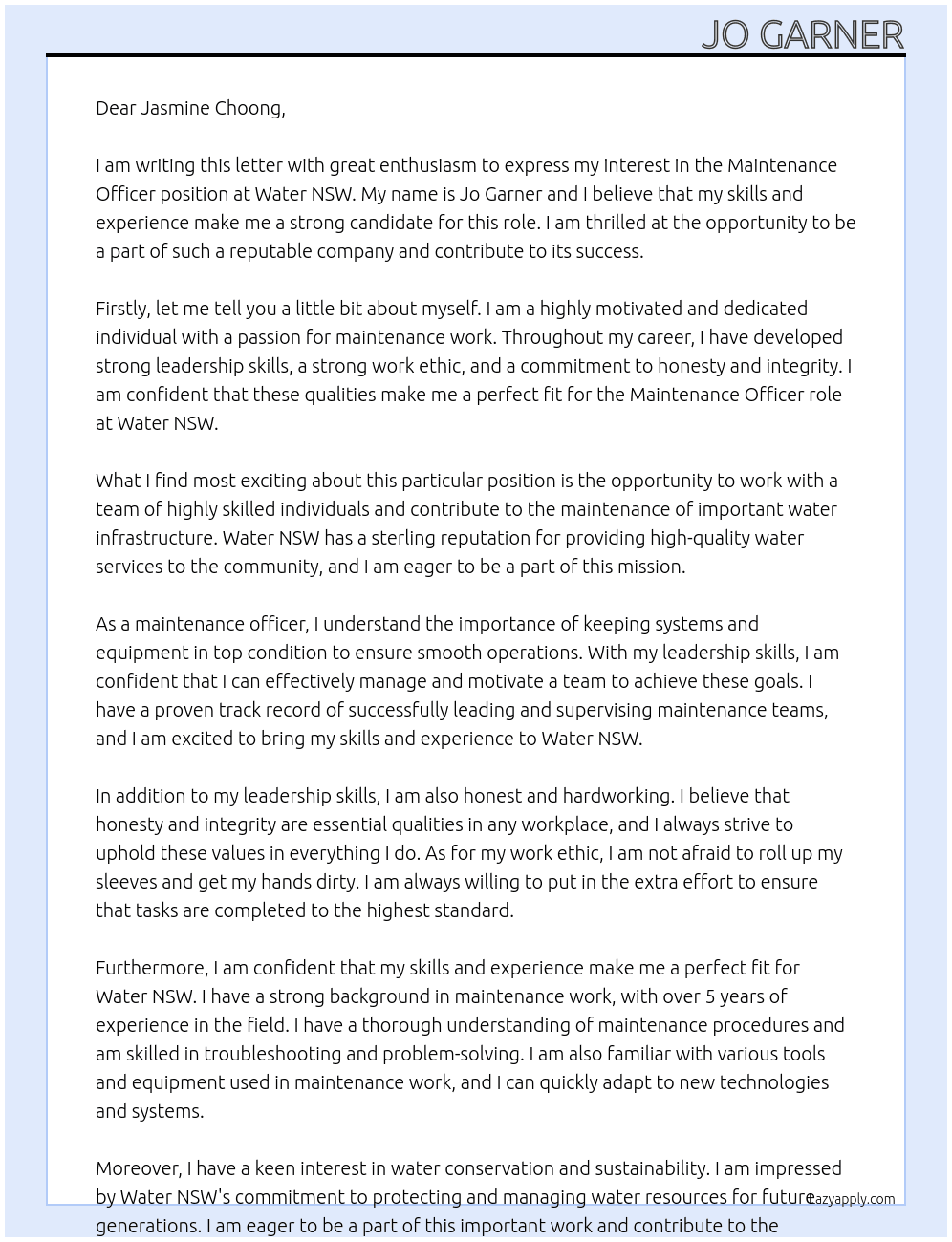 Maintenance officer At Water NSW  Cover Letter