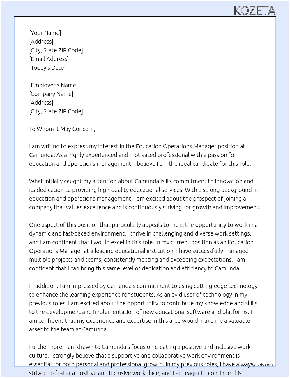 Education Operations Manager At Camunda Cover Letter