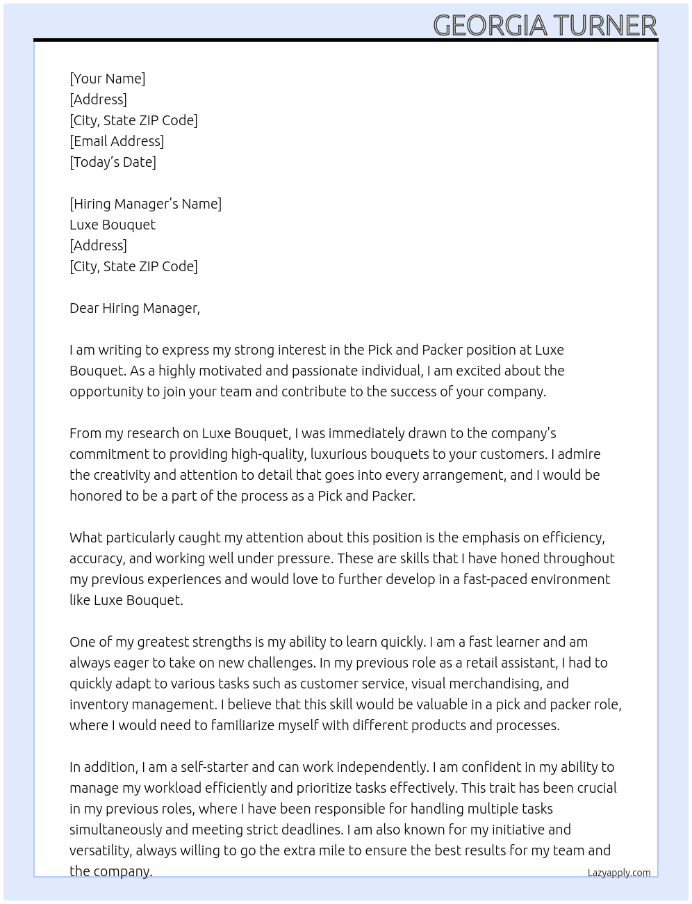 pick and packer At Luxe Bouquet Cover Letter