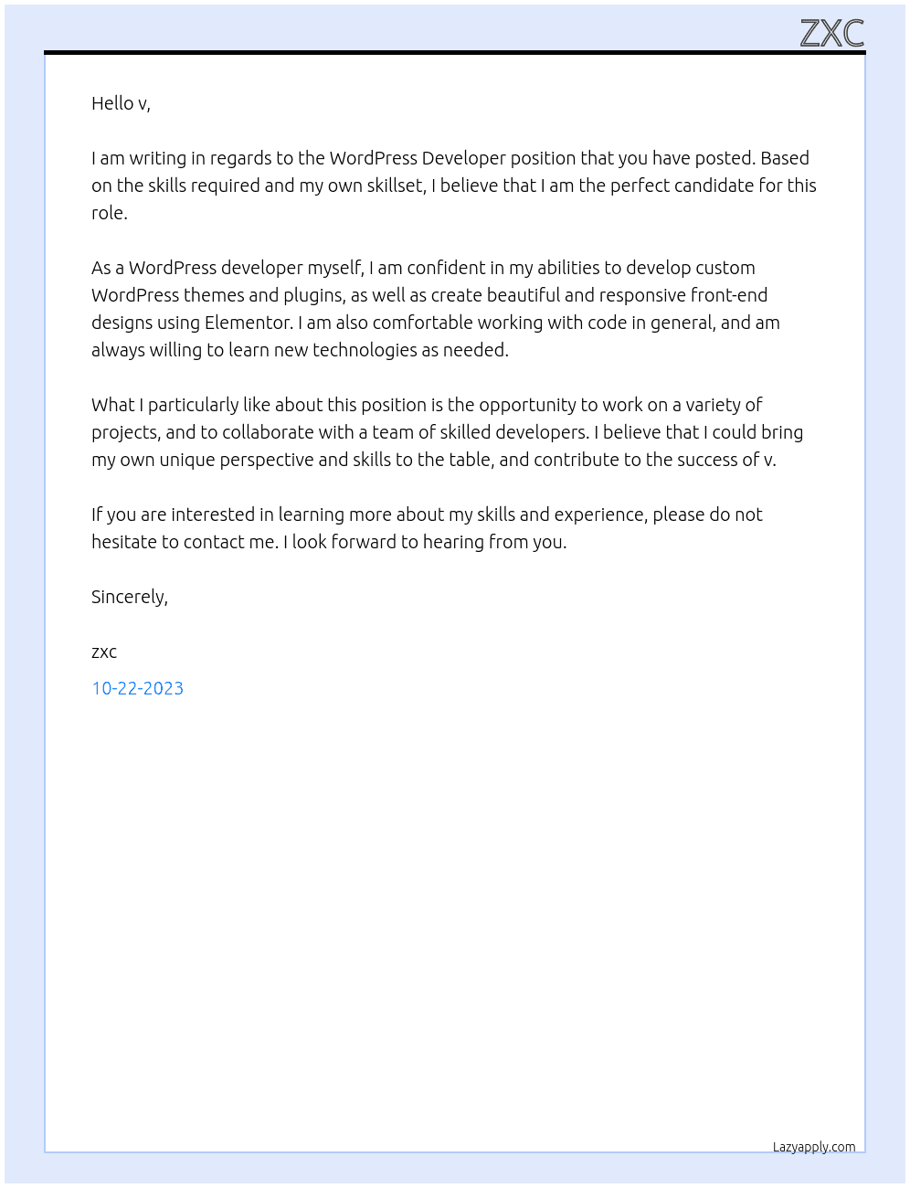 WordPress Developer At v Cover Letter
