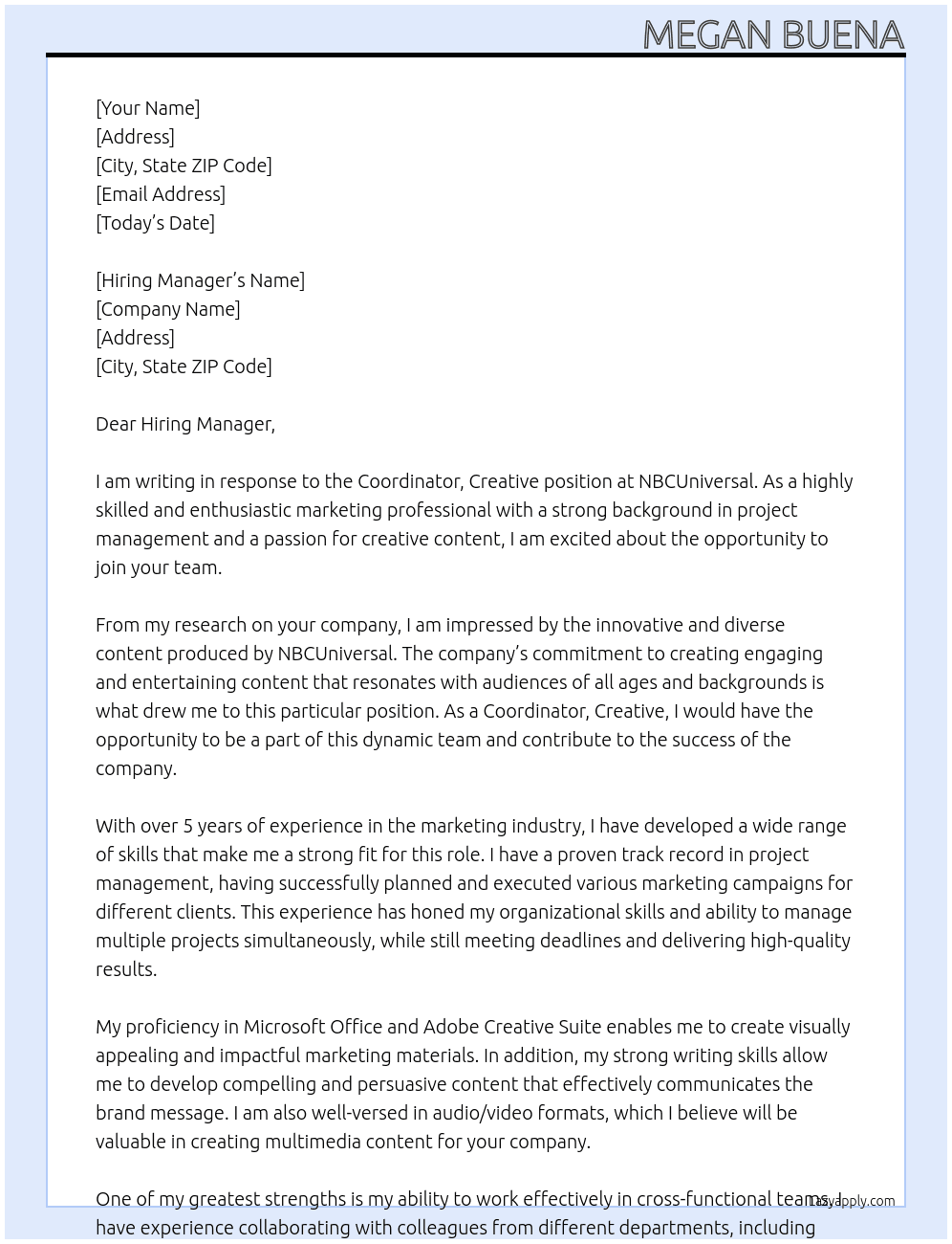 Coordinator, Creative At NBCUniversal Cover Letter