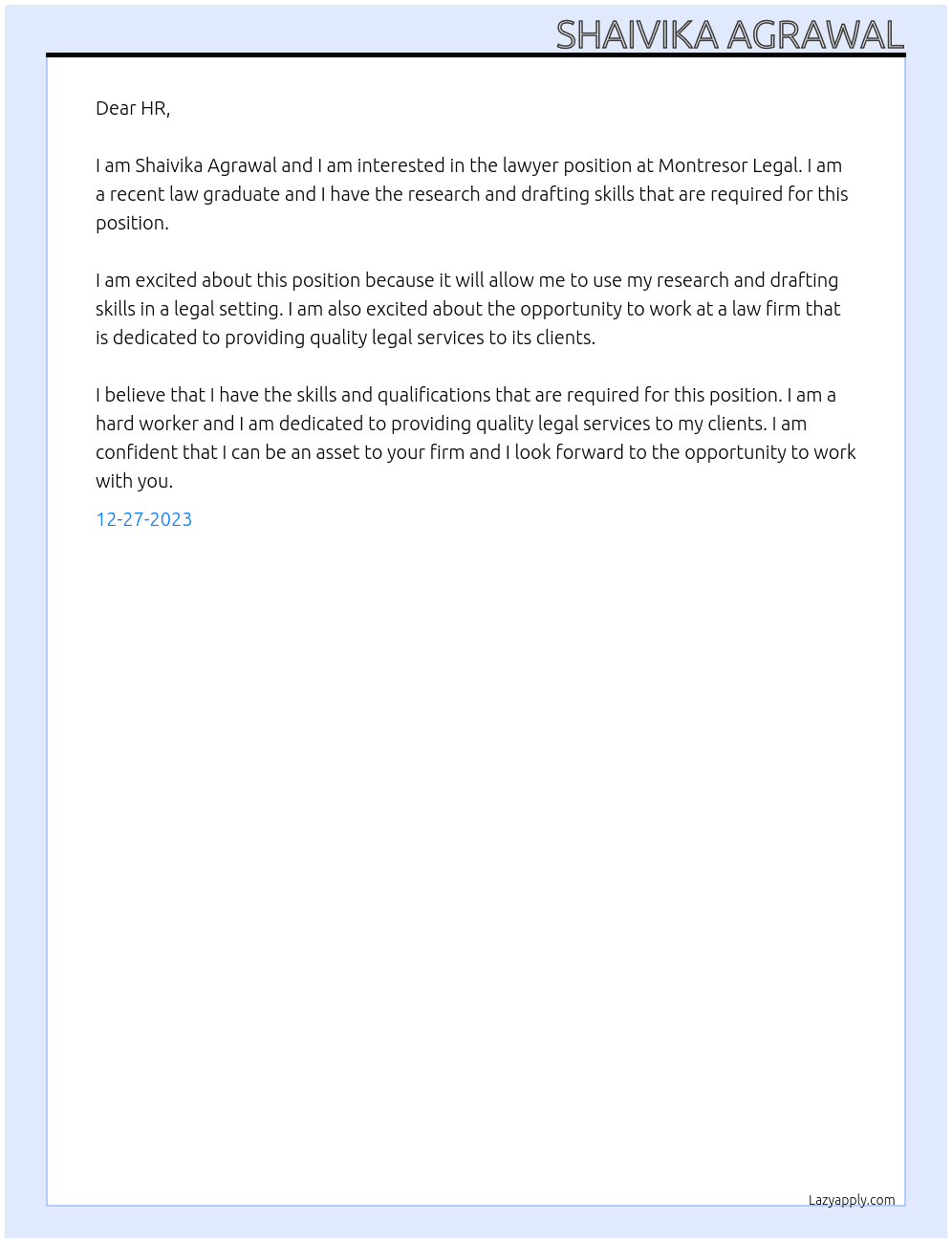 Lawyer At Montresor Legal Cover Letter