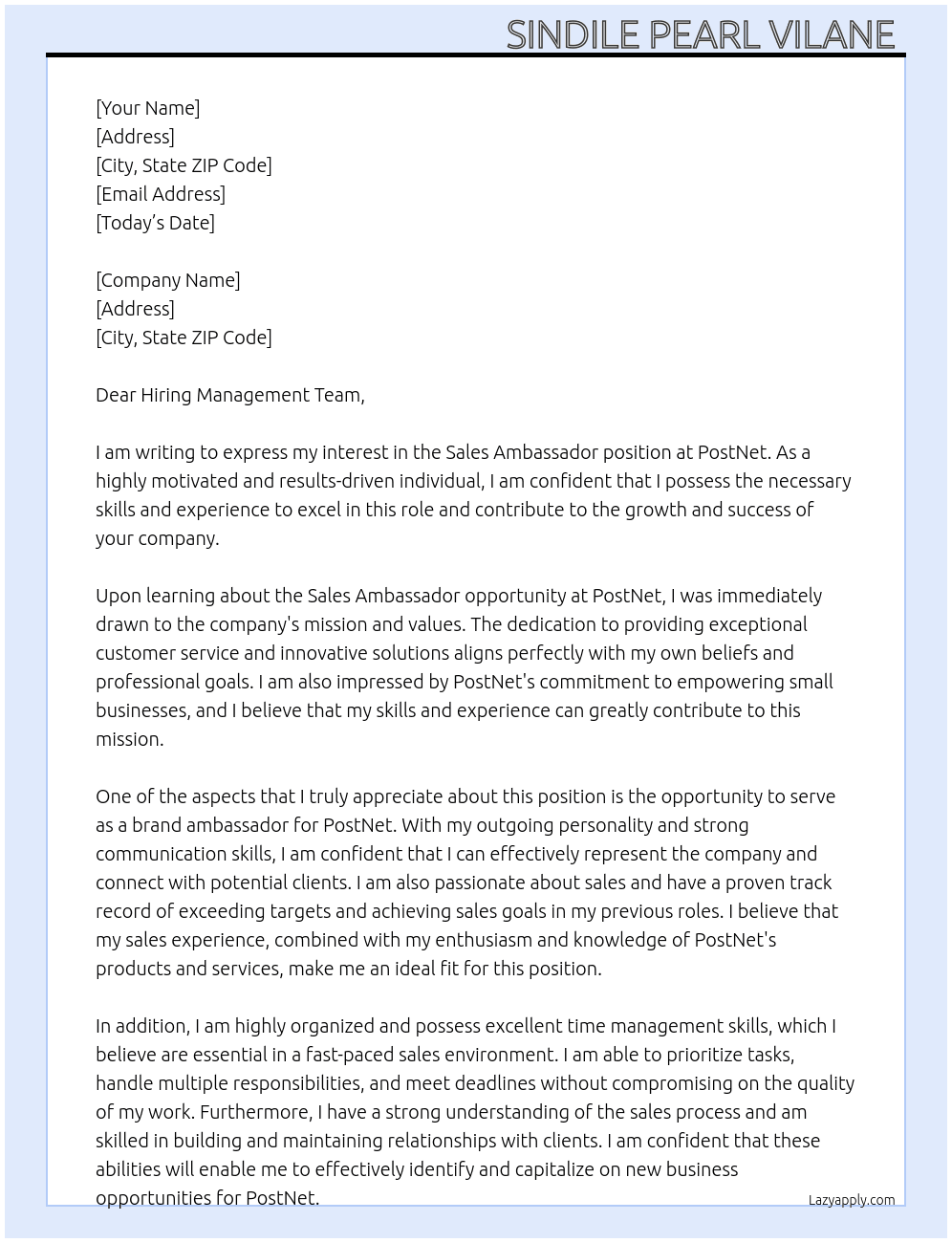 Sales Ambassador  At PostNet  Cover Letter