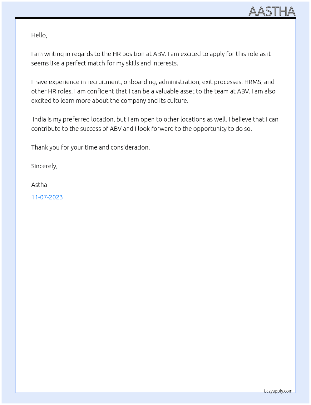 HR At ABV Cover Letter