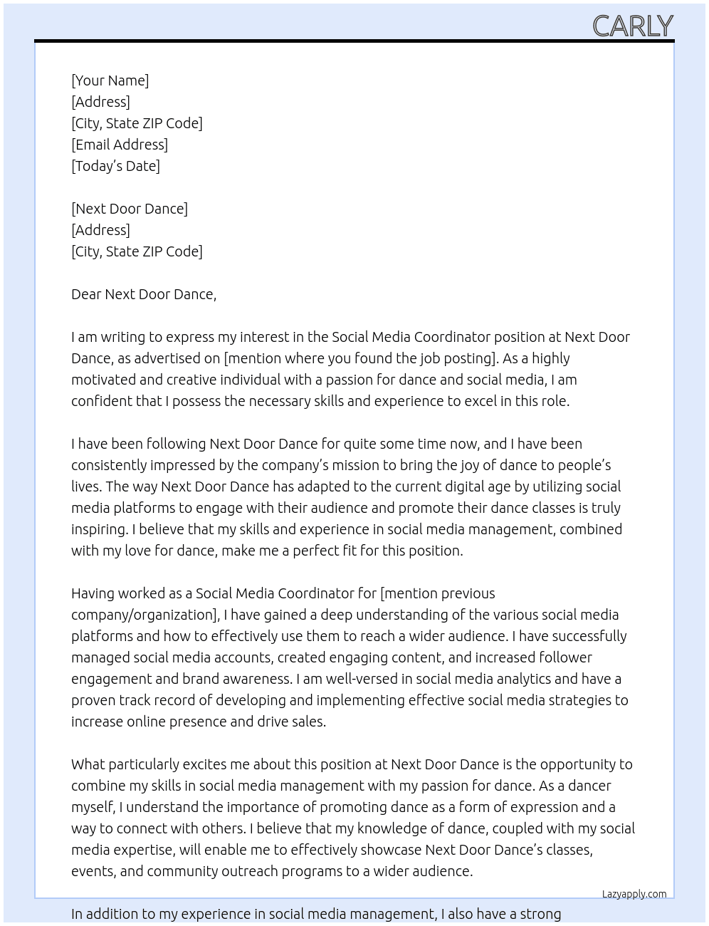 Social Media Coordinator At Next Door Dance Cover Letter