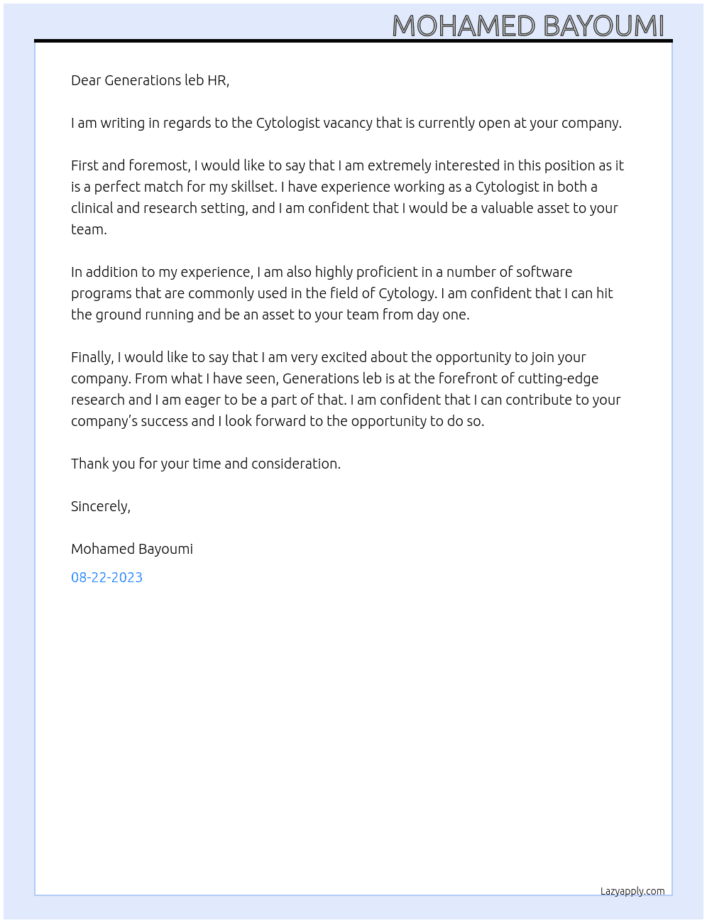 Cytologist vacancy  At Generation genetic lab Cover Letter