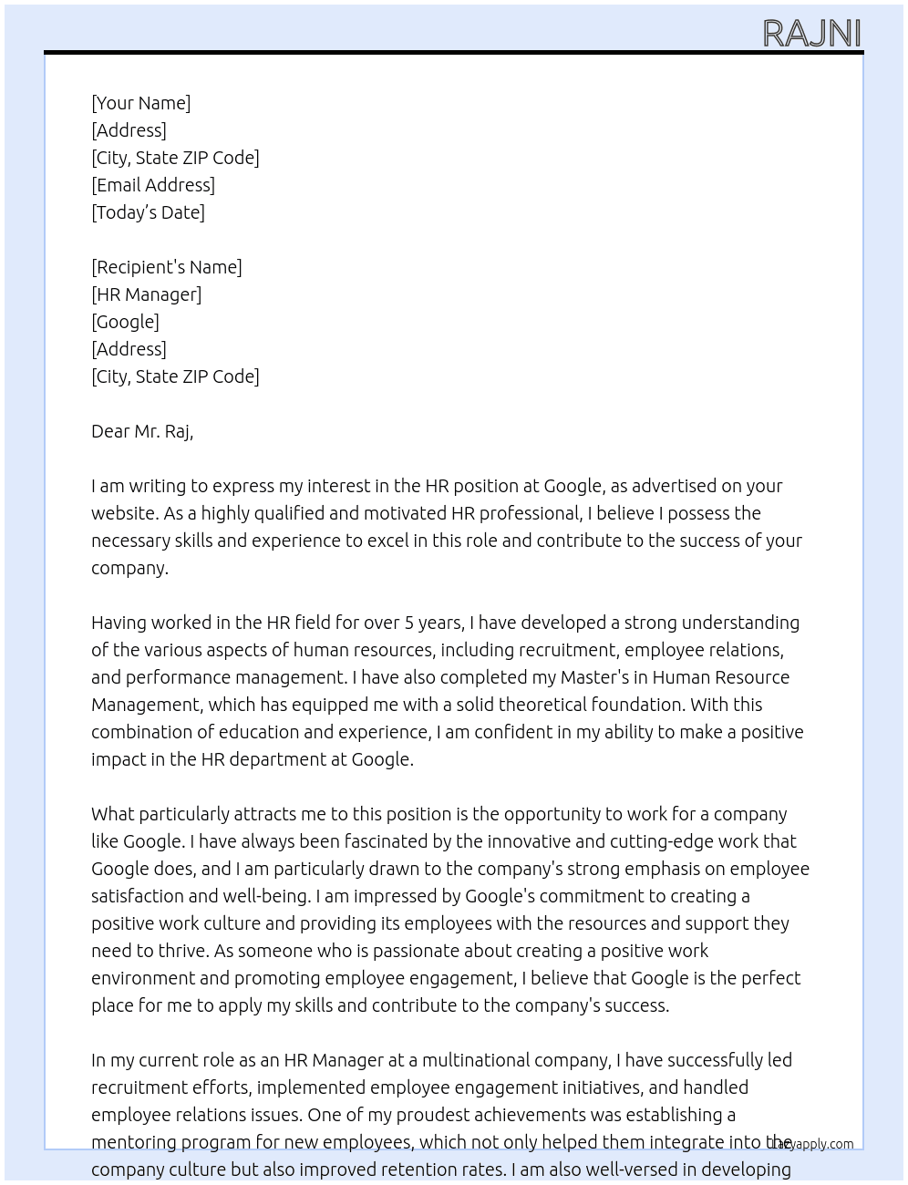 HR At GOOGLE Cover Letter