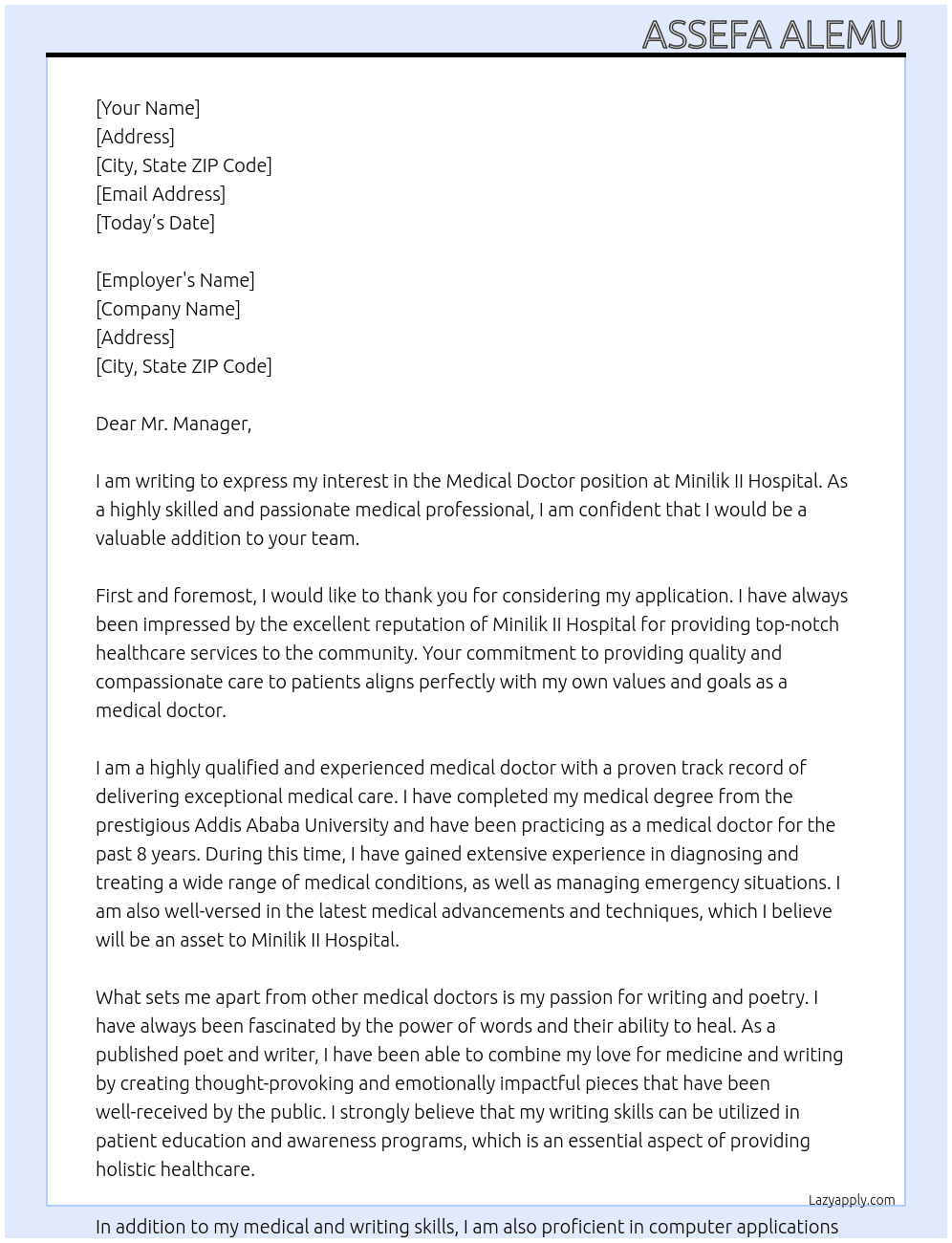Medical doctor  At Minilik ll hospital Cover Letter