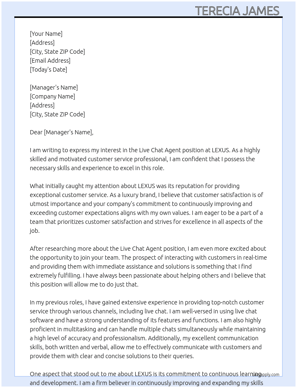Live Chat Agent At LEXUS  Cover Letter
