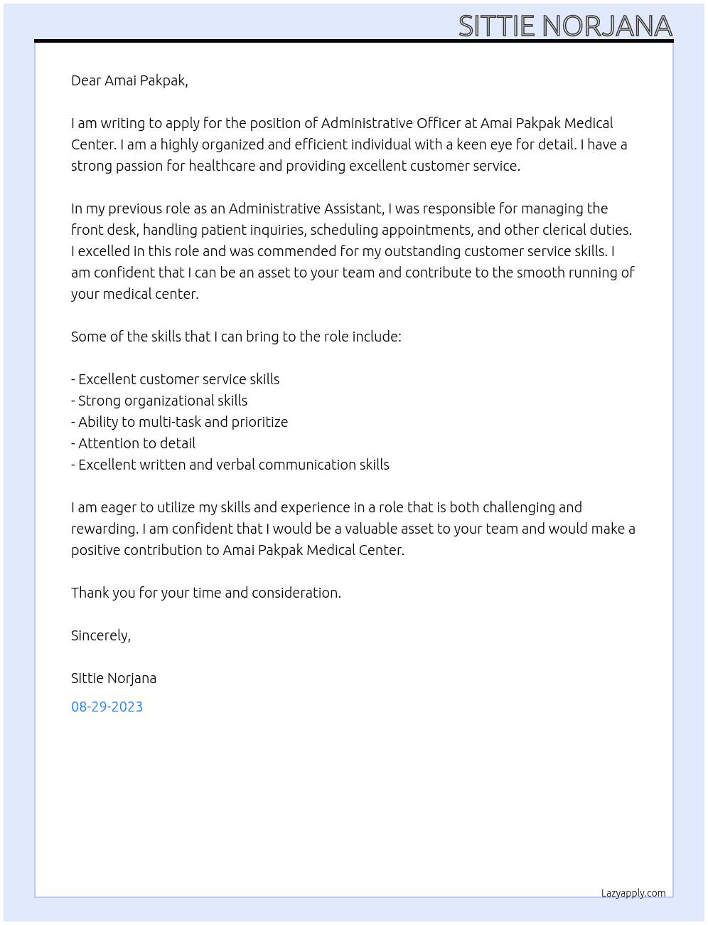 Administrative Officer At Amai Pakpak Medical Center Cover Letter