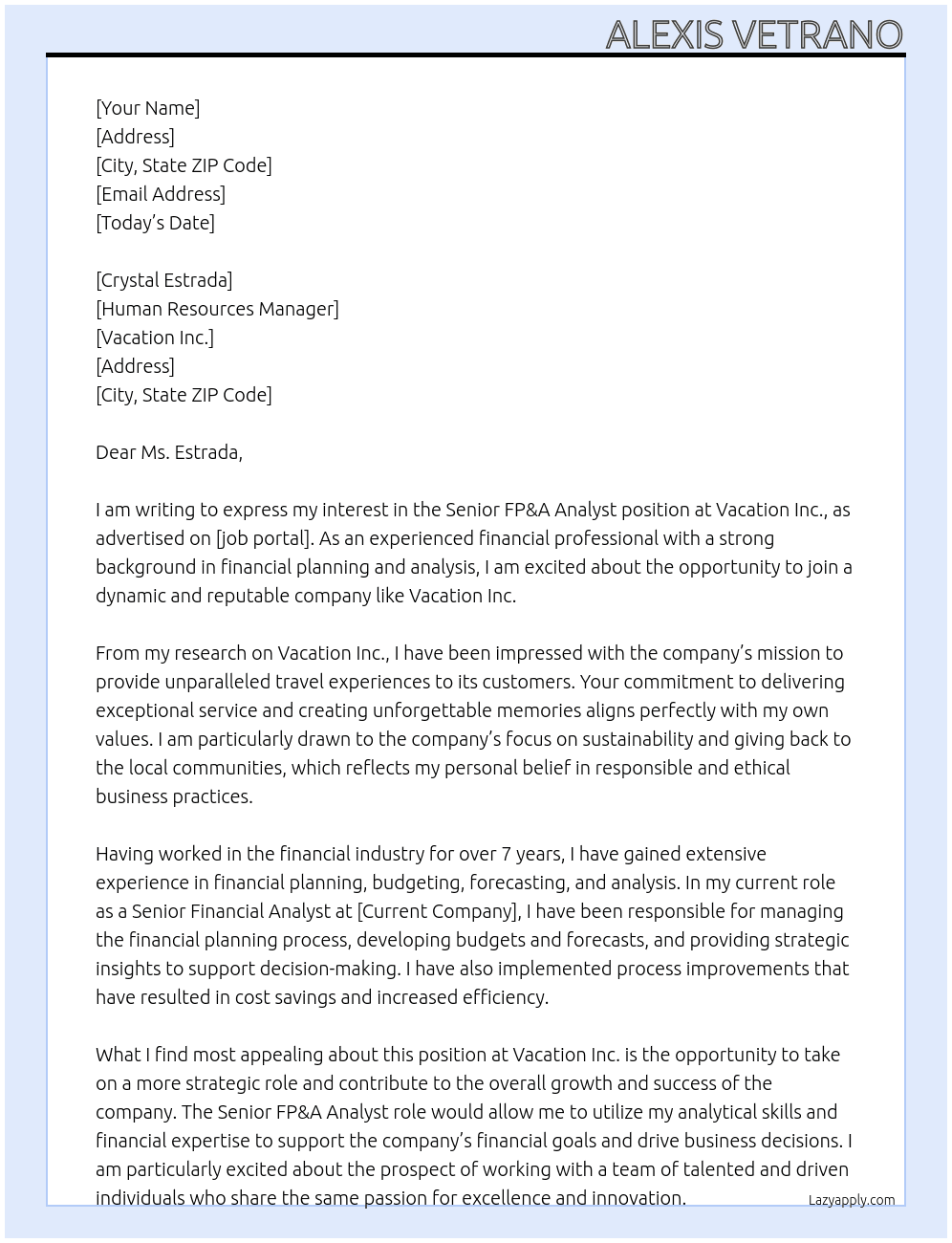 Senior FP&A Analyst At Vacation Inc. Cover Letter