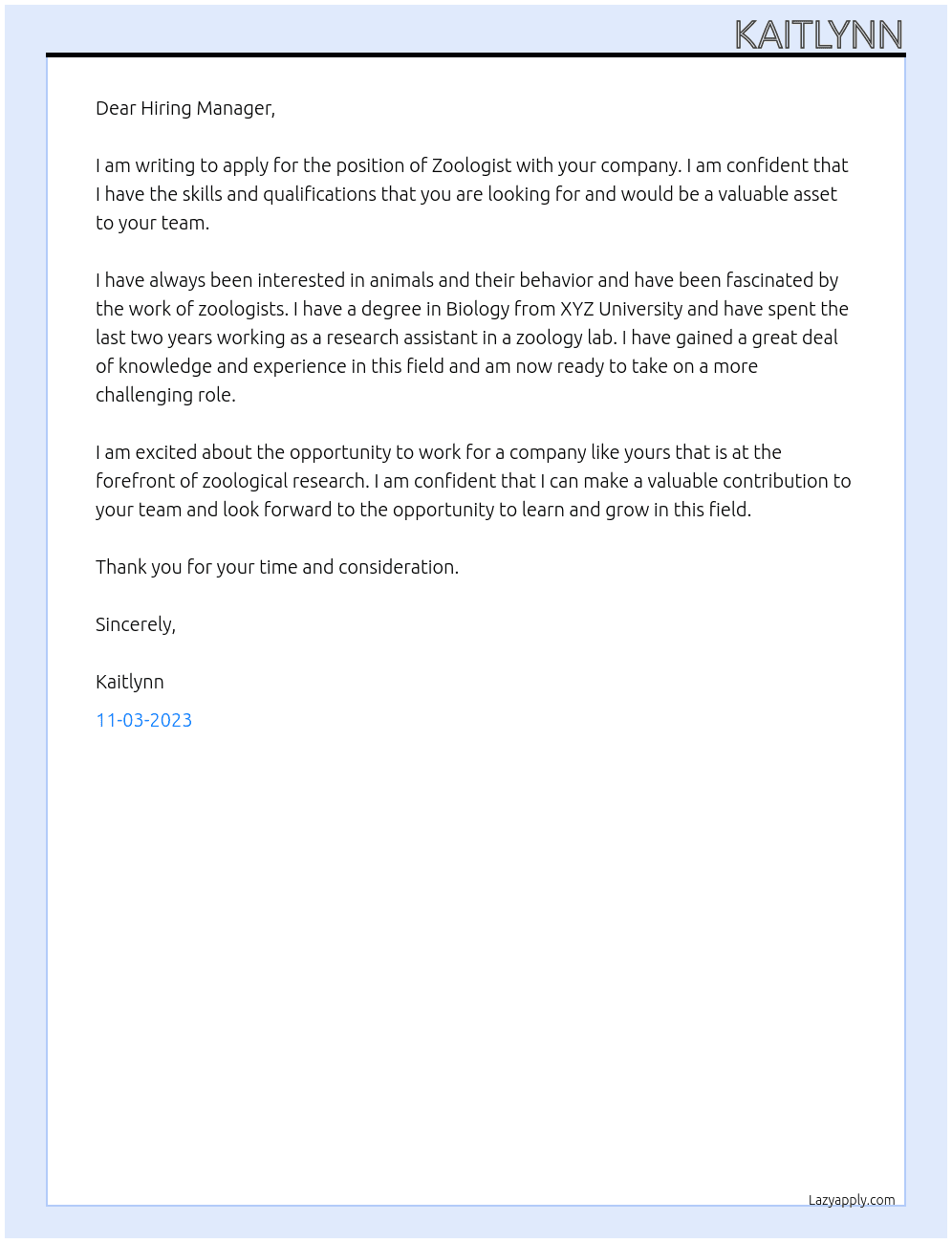 Zologist At zoology Cover Letter